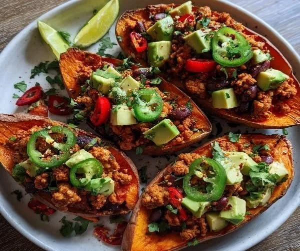 Avocado turkey chili stuffed in baked sweet potatoes topped with fresh ingredients