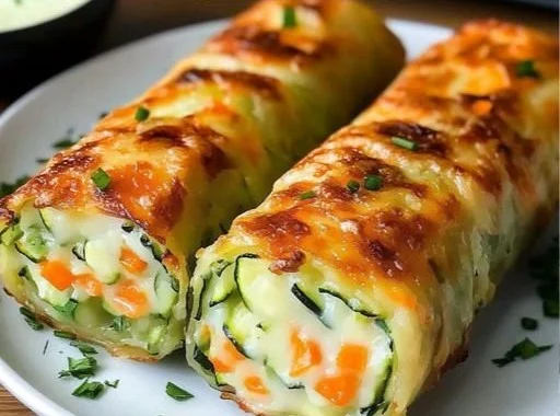 Cheesy baked vegetable rolls served on a plate, ideal for a tasty snack.