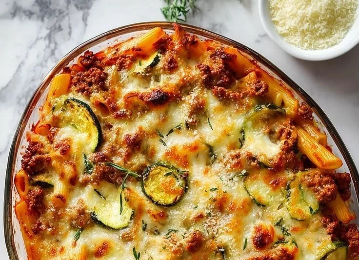 Cheesy baked ziti with ground beef and zucchini before baking