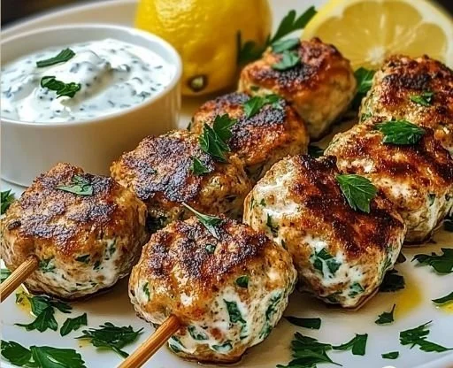 Delicious Chicken Koftas served with creamy garlic sauce on a plate