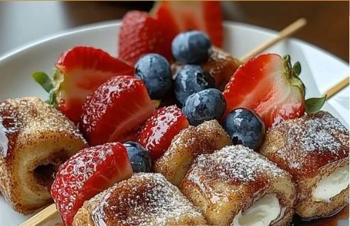 Cinnamon roll breakfast skewers with sweet fruit twist served on a plate