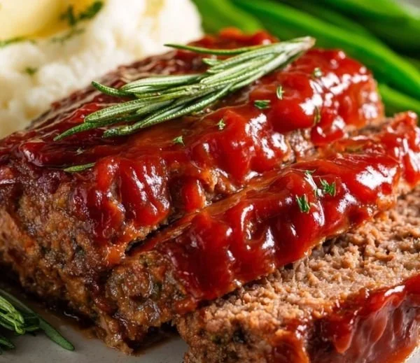 Delicious classic homemade meatloaf served with mashed potatoes and green beans.