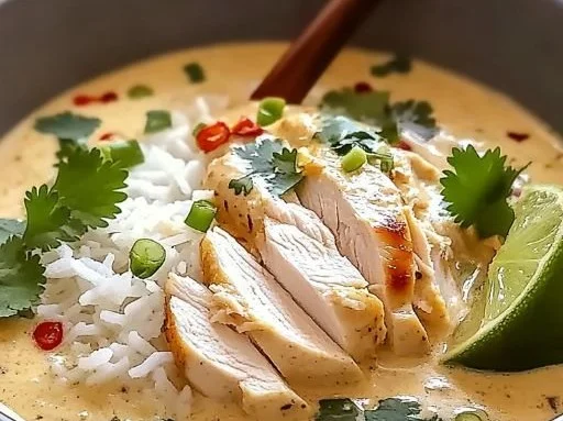 Bowl of comforting coconut chicken brothy rice on a cozy table setting