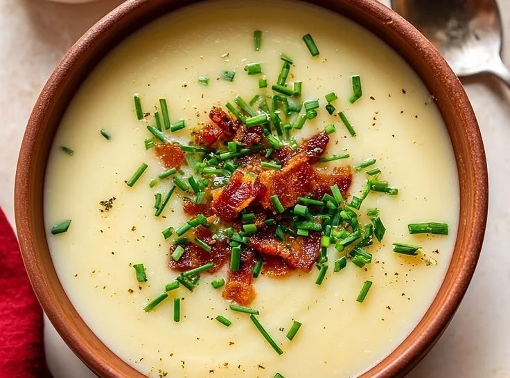 Bowl of creamy cauliflower cheddar soup topped with crispy bacon