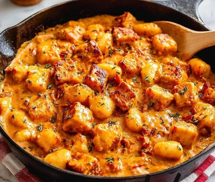 Creamy Marry Me Crispy Tofu served with gnocchi on a white plate