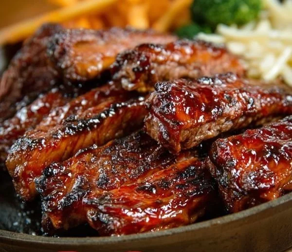 Juicy easy boneless beef ribs cooked to perfection on a plate
