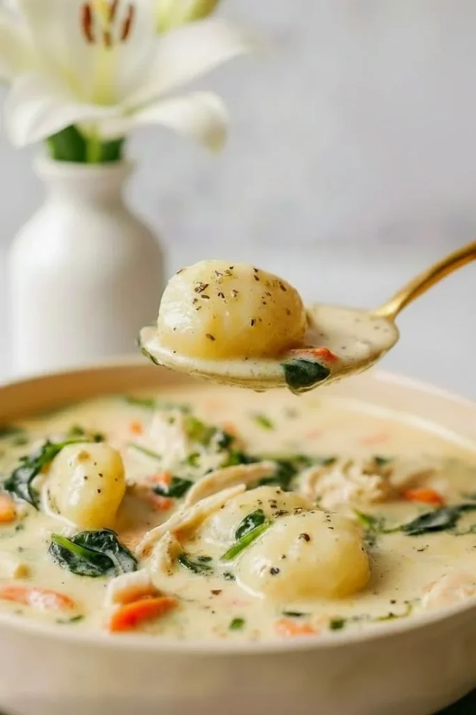Creamy Olive Garden potato gnocchi soup served in a bowl with fresh herbs