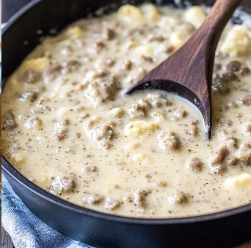 Bowl of easy sausage gravy served over biscuits for a delicious breakfast.