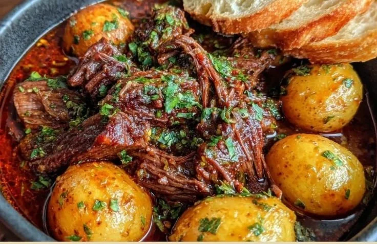 Delicious Garlic Butter Beef with Potatoes served on a plate.