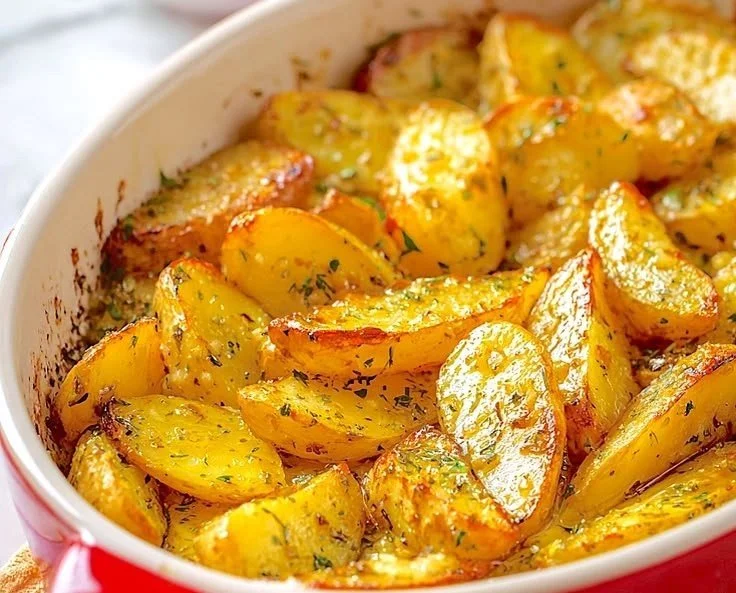 Golden Greek Lemon Potatoes served in a bowl with fresh herbs