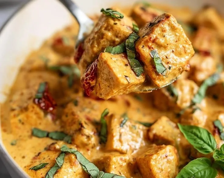 Golden Marry Me Tofu dish served with garnish