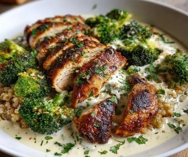 Delicious Grilled Chicken and Broccoli Bowls with Creamy Garlic Sauce