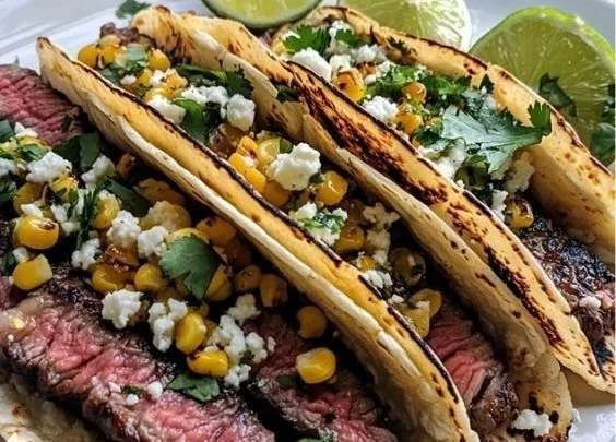 Grilled elote steak tacos with fresh toppings and grilled corn.