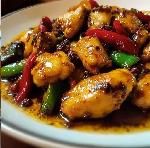 Delicious Hunan Chicken stir fry with fresh vegetables and spices.