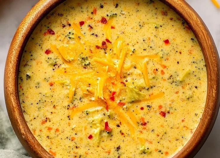 Bowl of creamy Instant Pot broccoli cheddar soup topped with cheese and broccoli florets.