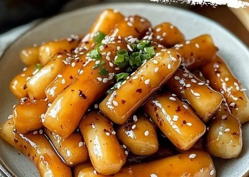 Chewy sweet soy butter Korean rice cakes elegantly arranged on a plate.