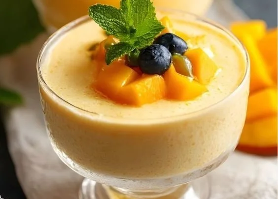 Delicious mango mousse topped with a swirl of whipped cream