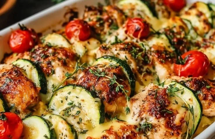 Delicious Mediterranean Chicken Zucchini Bake served on a plate