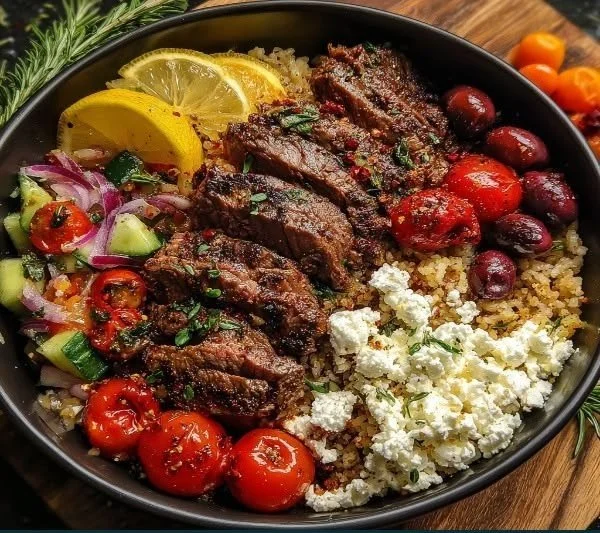 Mediterranean steak bowls with fresh vegetables, herbs, and sliced beef.