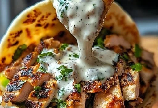 Delicious chicken shawarma served with creamy garlic sauce on a plate