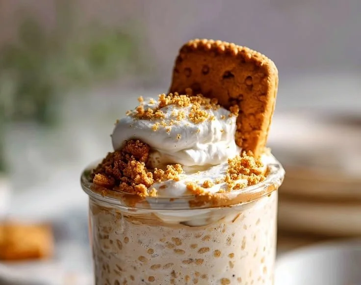 Biscoff overnight oats served in a mason jar with a spoon