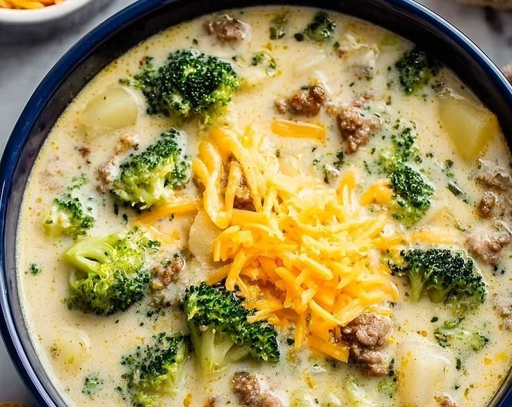 Bowl of satisfying broccoli cheese soup with ground beef and fresh broccoli