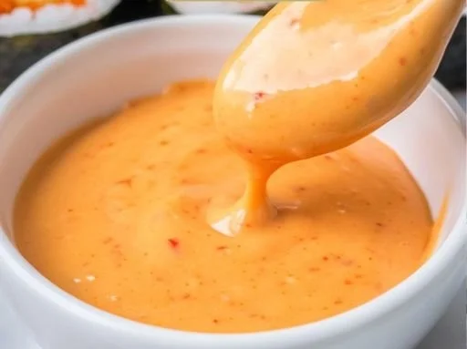 Homemade spicy mayo for sushi drizzled on fresh rolls