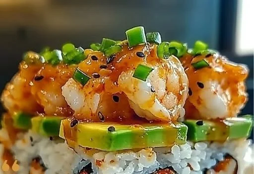 Spicy Shrimp Sushi Stack featuring fresh shrimp and vibrant sushi ingredients