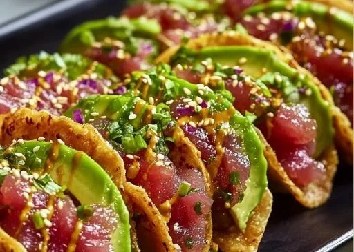 Spicy tuna tartare wonton tacos served on a plate with fresh garnishes