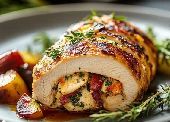 Delicious stuffed chicken breast with herbs and cheese on a plate