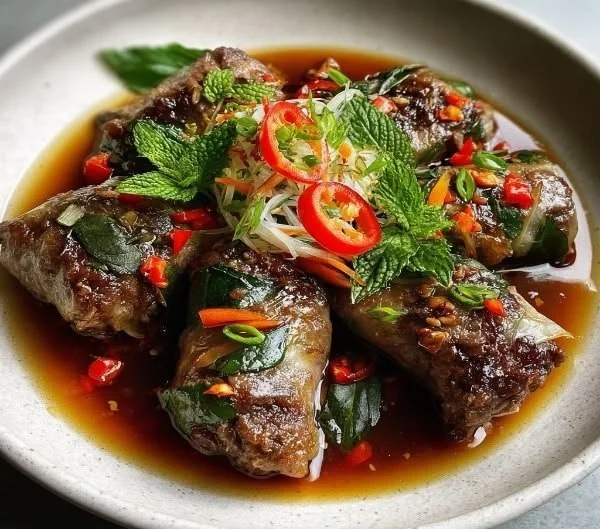 Delicious Thai Basil Beef Rolls served with fresh herbs and spices