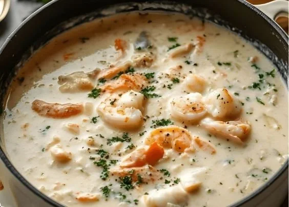 Bowl of rich creamy seafood chowder topped with herbs and seasonings