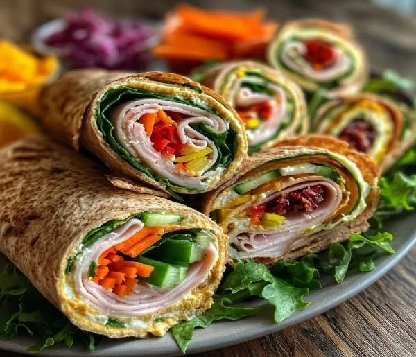 Turkey Hummus Roll Ups featuring fresh vegetables and turkey wrapped in a tortilla.