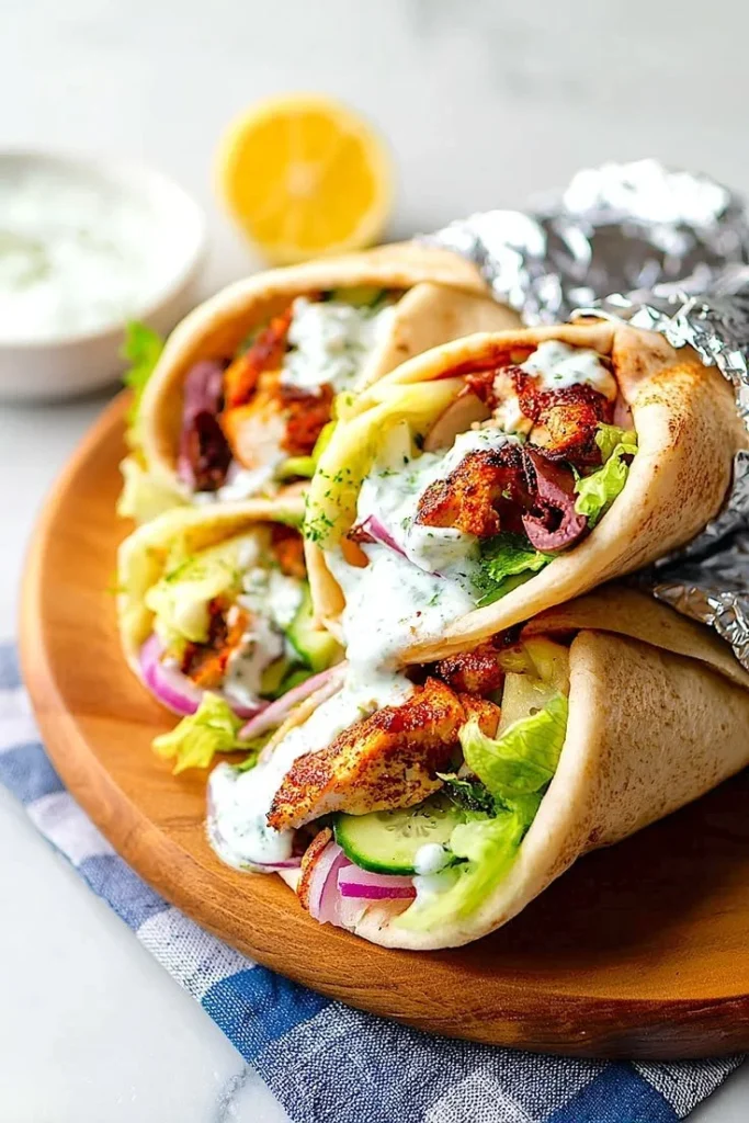 Yogurt Mediterranean chicken wraps served on a plate with fresh ingredients