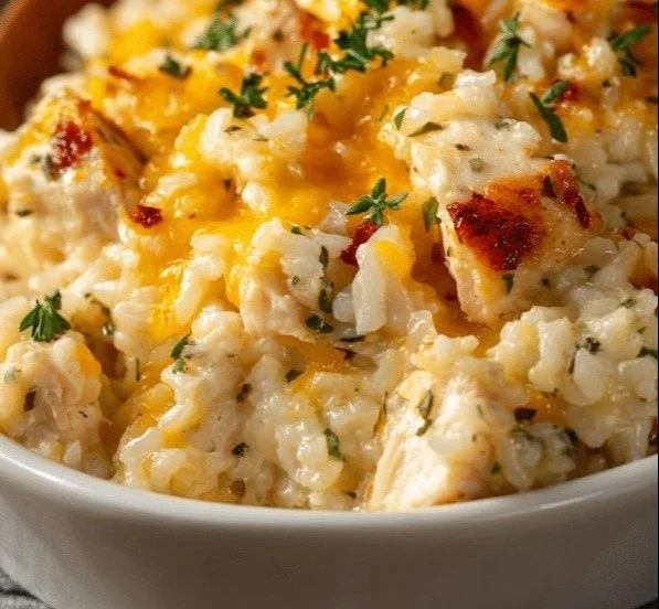 Delicious Angel Chicken and Rice Casserole served in a baking dish