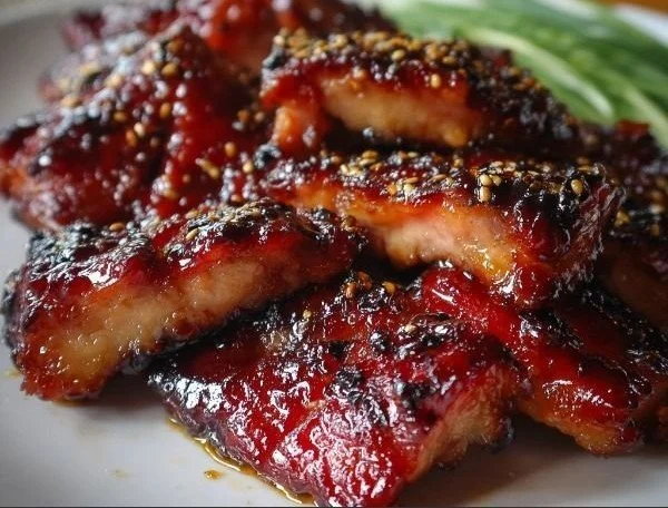 Delicious barbecued pork chicken served on a plate with sides