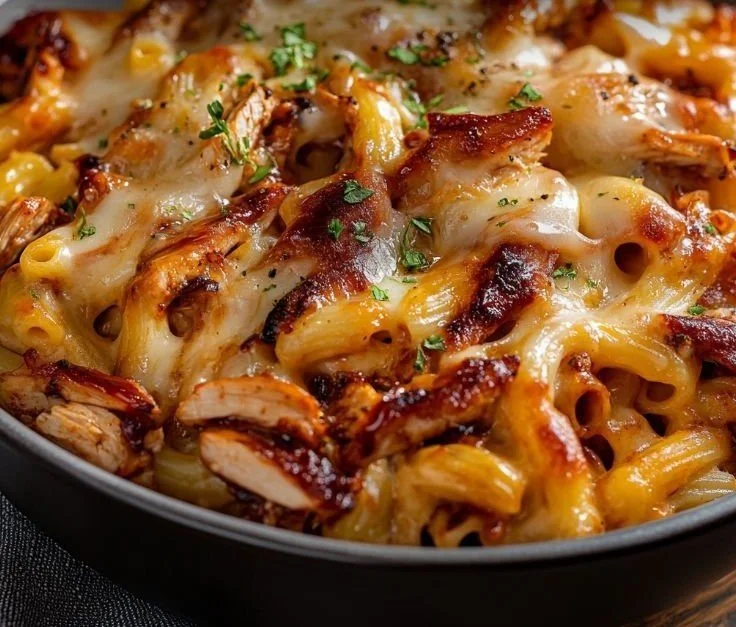 BBQ Chicken Mac and Cheese topped with smoky barbecue flavor and creamy cheese
