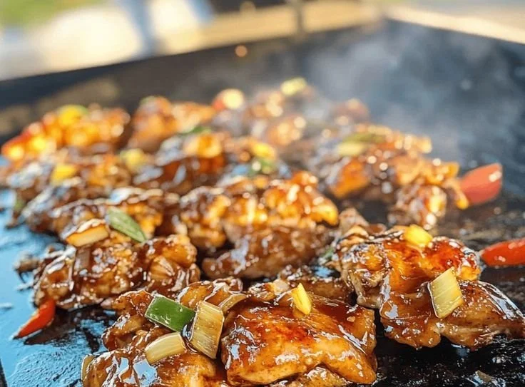 Delicious Blackstone Bourbon Chicken served on a plate with vegetables