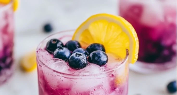 Glass of Blueberry Lemonade Vodka Smash cocktail with fresh blueberries