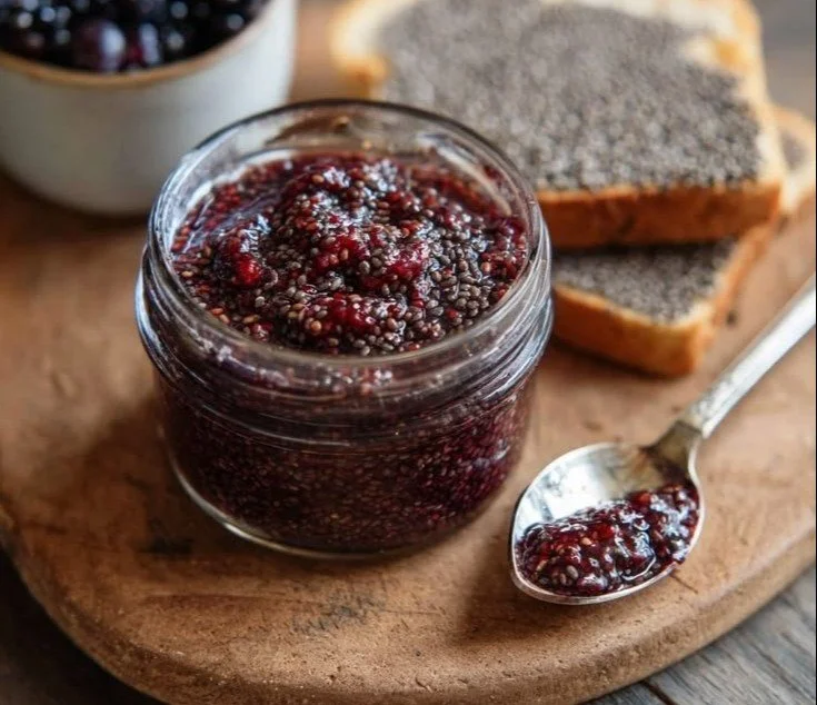 Homemade chia seed jam in a jar, healthy spread for toast and desserts.