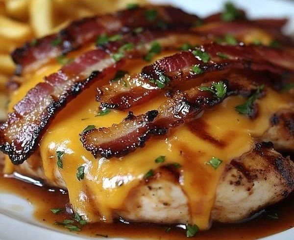 Delicious BBQ Bacon Cheddar Chicken topped with crispy bacon and melted cheese