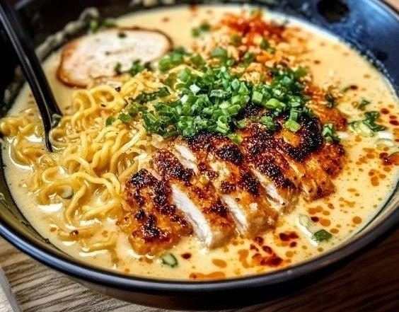 Bowl of creamy garlic chicken ramen with fresh herbs and toppings