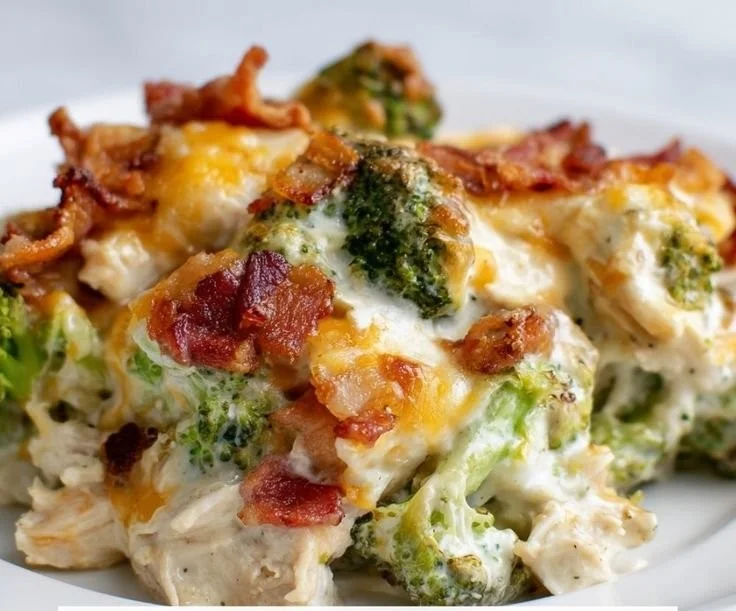 Creamy Low Carb Chicken Casserole with Broccoli and Bacon