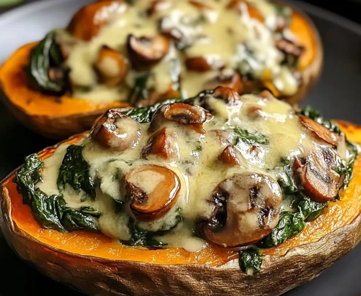 Creamy Mushroom and Spinach Stuffed Sweet Potatoes