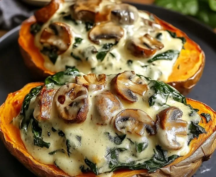 Creamy Mushroom and Spinach Stuffed Sweet Potatoes