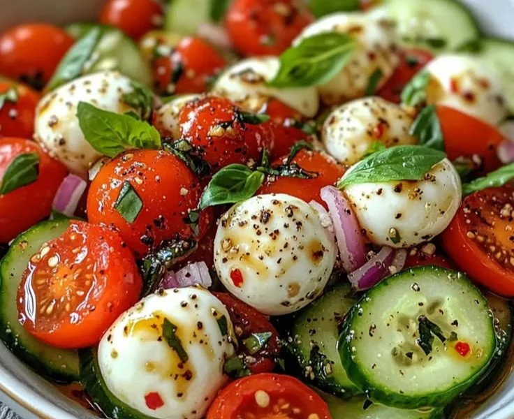 Cucumber Caprese Salad with mozzarella, tomatoes, and basil on a plate