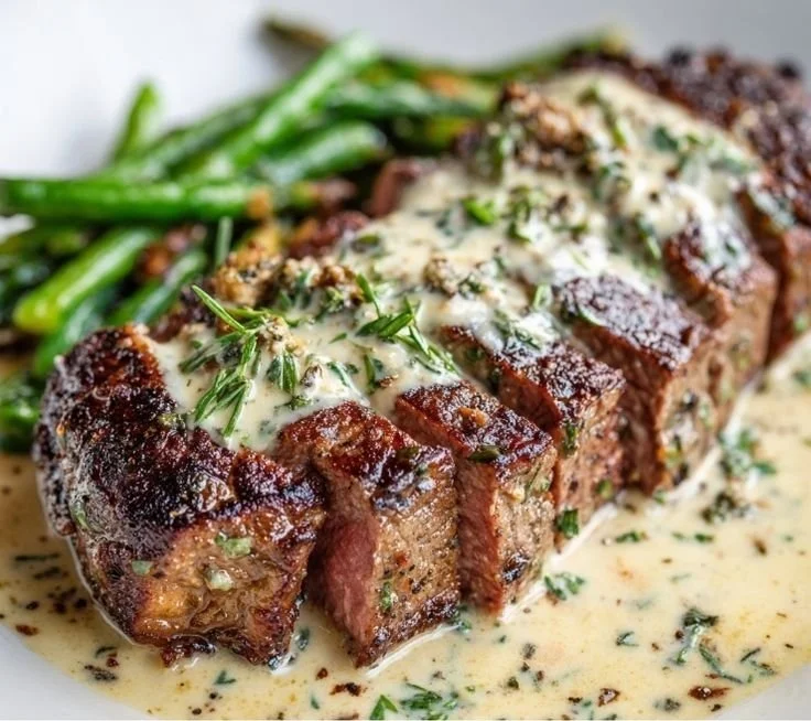 Garlic Butter Steak topped with rich Parmesan Cream Sauce on a plate