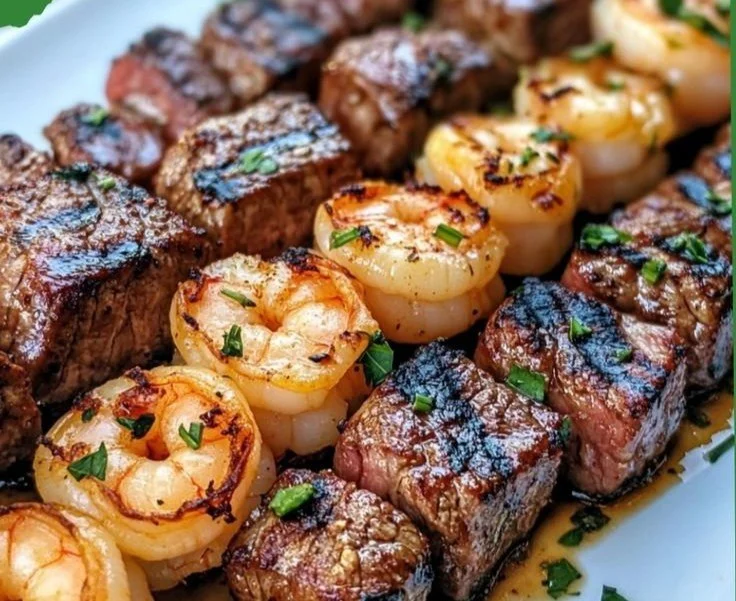 Grilled steak and shrimp skewers drizzled with garlic butter ready for serving.