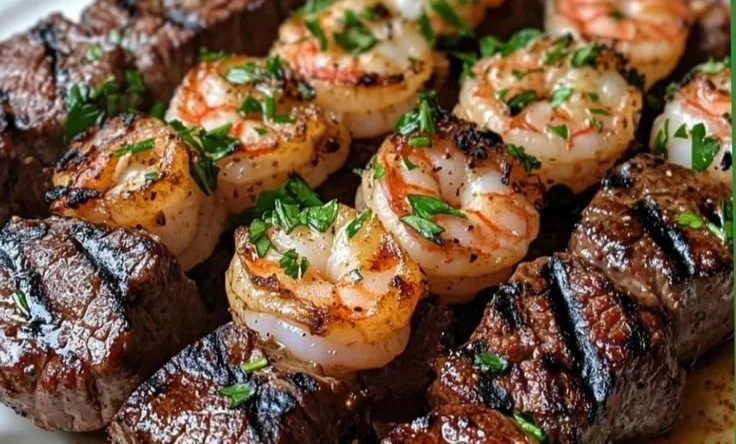 Grilled Steak and Shrimp Skewers with Garlic Butter