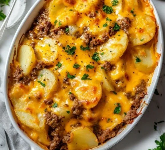 Delicious Hobo Casserole made with ground beef, vegetables, and spices.
